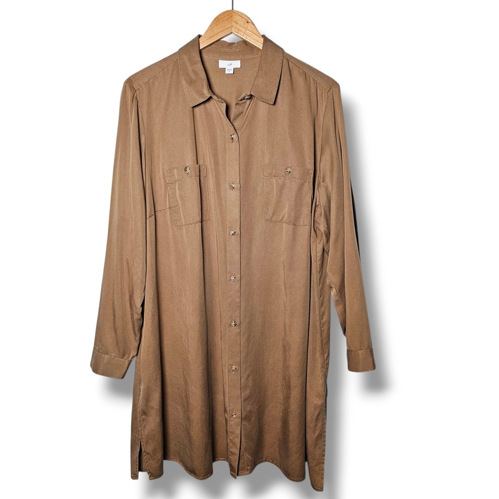 J. Jill Button Down Long Tunic Top XL Tan Brown Pockets Lagenlook Earthy Fall